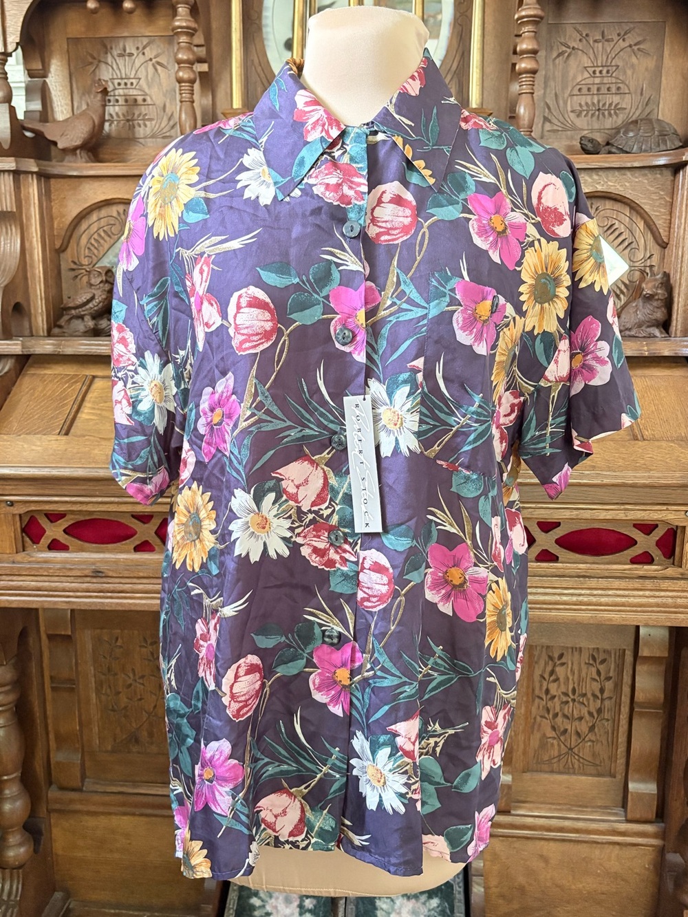 100% Silk Retro Floral Short-Sleeve Button-Up Shirt